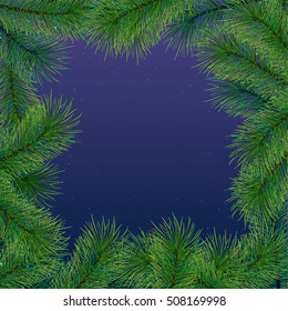 high detailed pine branches forming frame around blue night sky with small stars