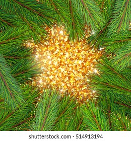 high detailed pine branches forming frame around sparkling golden background