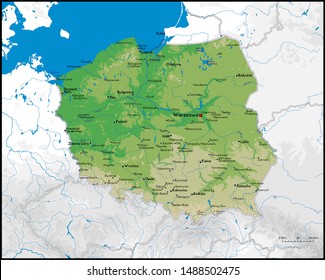 Hochdetaillierte Polnische Landkarte mit Städten, Flüssen, Seen und Topographie - Vektorgrafik