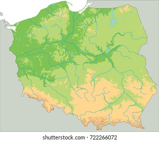 High detailed Poland physical map.