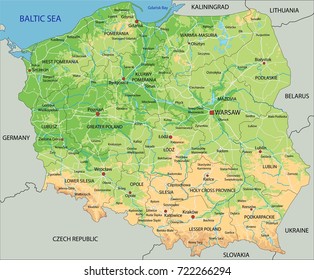 High detailed Poland physical map with labeling.