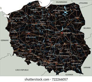 High detailed Poland road map with labeling.