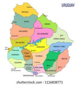 High detailed political map of Uruguay with regions and their capitals. Vector illustration eps 10.