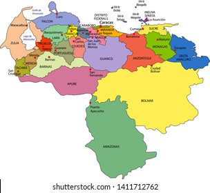 High detailed political map of Venezuela with regions and their capitals. Vector illustration eps 10.