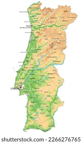 High detailed Portugal physical map with labeling.