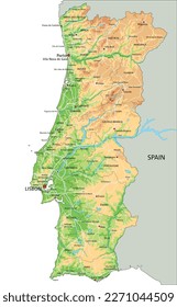 High detailed Portugal physical map with labeling.