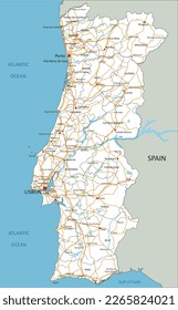 High detailed Portugal road map with labeling.