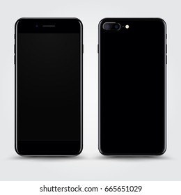 High Detailed Realistic Black Smartphone with Blank Screen Isolated on White Background. Front and Back View. Print, Web, Application. Device Mockup Separate Groups and Layers. Easily Editable Vector.