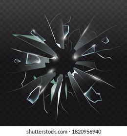 High detailed realistic broken glass isolated on dark transparent background. With cracks and bullet marks. Realistic transparent shards of broken glass. Vector illustration.