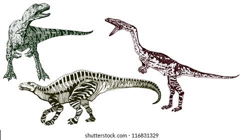 High Detailed Realistic Hand Drawn Vector Set of Three Dinosaurs