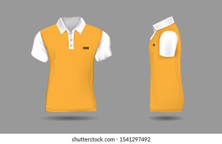High detailed realistic polo t-shirt for your design. White and orange color. Vector illustration. Front and side view