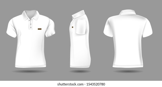 High detailed realistic polo t-shirt for your design. White color. Vector illustration. Front back and side view