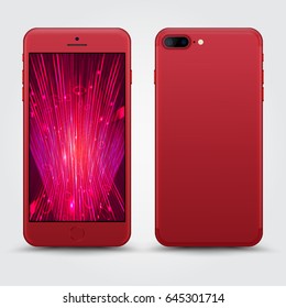 High Detailed Realistic Red Smartphone with Technology Wallpaper Screen Isolated. Front and Back View For Print, Web, Application. Device Mockup Separate Groups and Layers. Easily Editable Vector