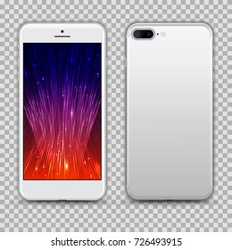 High Detailed Realistic Silver Smartphone isolated on Transparent Background. Front and Back View For Print, Web, Application. Device Mockup Separate Groups and Layers. Easily Editable Vector