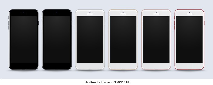 High Detailed Realistic Smartphone All Color with Blank Screen isolated on White Background. Front View For Print, Web, Application. Device Mockup Separate Groups and Layers. Easily Editable Vector.