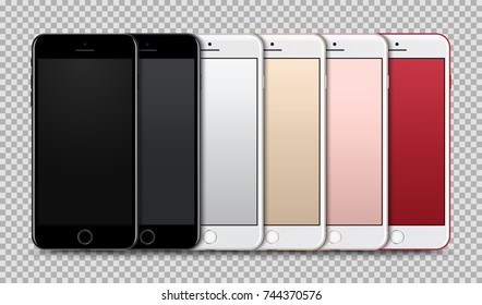 High Detailed Realistic Smartphone Collection with Colorful Screen isolated on Background. Front View For Print, Web, Application. Device Mockup Separate Groups and Layers. Easily Editable Vector.