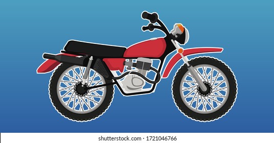 High detailed red sport motorcycle vector illustration in flat style with white stroke on blue gradient background. Vehicle concept for banners and icons.