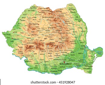 High detailed Romania physical map with labeling.