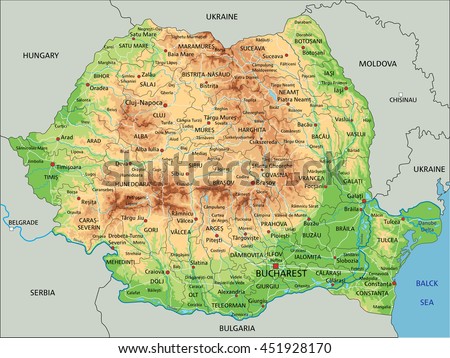 High detailed Romania physical map with labeling.