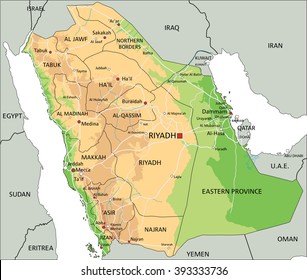 High detailed Saudi Arabia physical map with labeling.