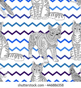 High detailed seamless pattern with pets in zentangle style. Adult coloring page with domestic animals for anti stress art therapy. Zendoodle template for wrapping or scrapbook paper. Vector.
