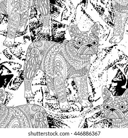 High detailed seamless pattern with pets in zentangle style. Adult coloring page with cat for anti stress art therapy. Zen doodle template for wrapping or scrapbook paper. Vector.