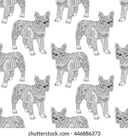 High detailed seamless pattern with pets in zentangle style. Adult coloring page with cat for anti stress art therapy. Zen doodle template for wrapping or scrapbook paper. Vector.