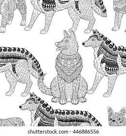 High detailed seamless pattern with pets in zentangle style. Adult coloring page with dogs for anti stress art therapy. Zendoodle template for wrapping or scrapbook paper. Vector.