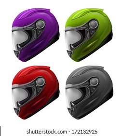 High Detailed Set of 4 Realistic Motorcycle Helmets Red, Green, Purple, Black