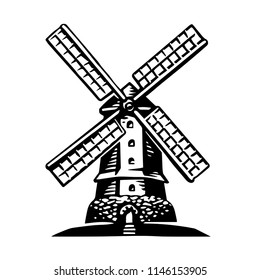 High detailed sign of an old Windmill. Hand drawn vector illustration. Retro style. Logo.