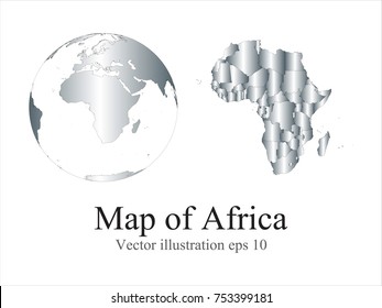 High Detailed silver Globes and Map of Africa isolated on white background. editable vector illustration.