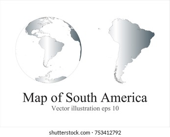 High Detailed silver Globes and Map of South America isolated on white background. editable vector illustration.