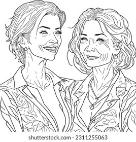 High detailed sketch line white background illustration of mature female, seamless, beautiful style, cartoon, characters, smile, full body, face digital art.