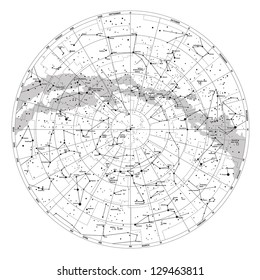 High detailed sky map of Northern hemisphere with names of stars and constellations vector