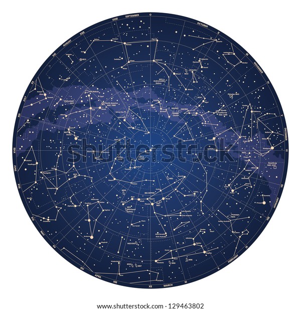 High detailed sky map of\
Northern hemisphere with names of stars and constellations colored\
vector