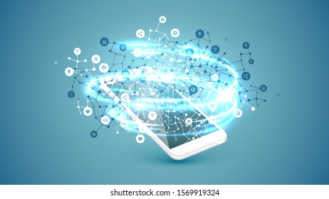 High detailed smartphone with white connection dots, lines, and icons, vector illustration