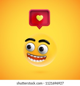 High detailed smiley with 3D heart sign, vector illustration