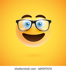 High detailed smiley with sunglasses on yellow background, vector illustration