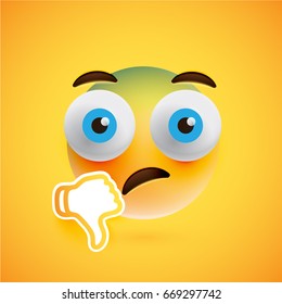 High detailed smiley with thumbs down on yellow background, vector illustration