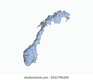 Alto mapa azul suave detallado de Noruega en el fondo aislado blanco, Ilustración vectorial EPS 10