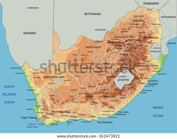 High Detailed South Africa Physical Map Stock Vector (Royalty Free ...