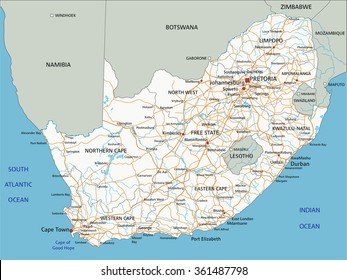 High detailed South Africa road map with labeling.