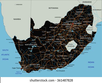 High detailed South Africa road map with labeling.