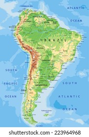 High detailed South America physical map with labeling.