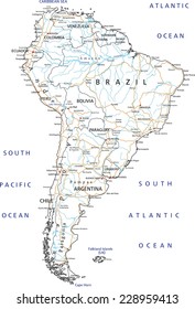 High detailed South America road map with labeling.