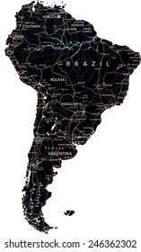 High detailed South America road map with labeling - Black. (clearly labeled on separated layers)