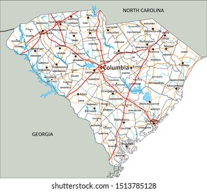 High detailed South Carolina road map with labeling.