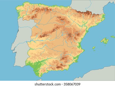 High detailed Spain physical map.