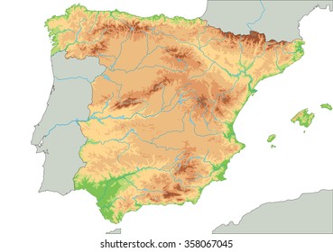 High detailed Spain physical map.