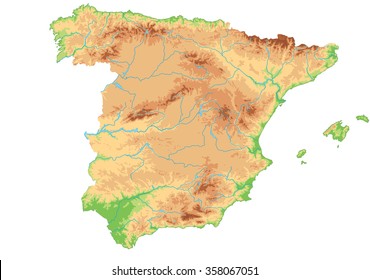 High detailed Spain physical map.